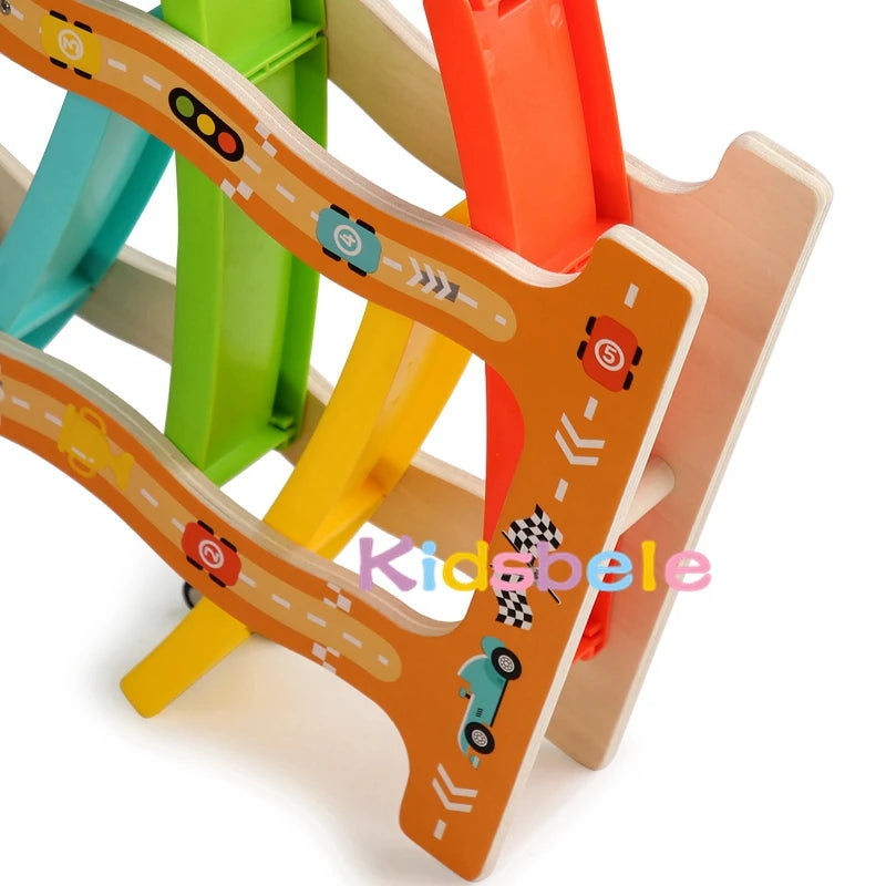 Kids Four-layer Wooden Gliders  Montessori Inertia Track Car Toys Animal And Traffic Theme Early