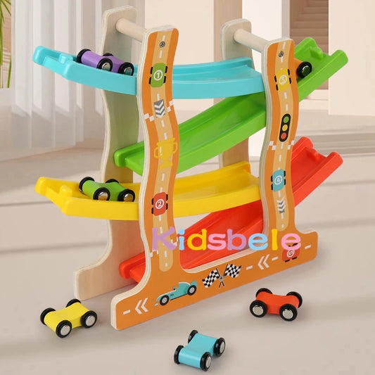 Kids Four-layer Wooden Gliders  Montessori Inertia Track Car Toys Animal And Traffic Theme Early