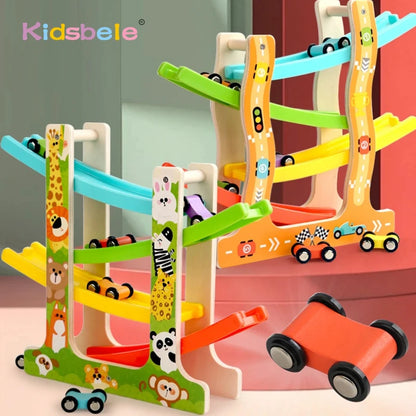 Kids Four-layer Wooden Gliders  Montessori Inertia Track Car Toys Animal And Traffic Theme Early