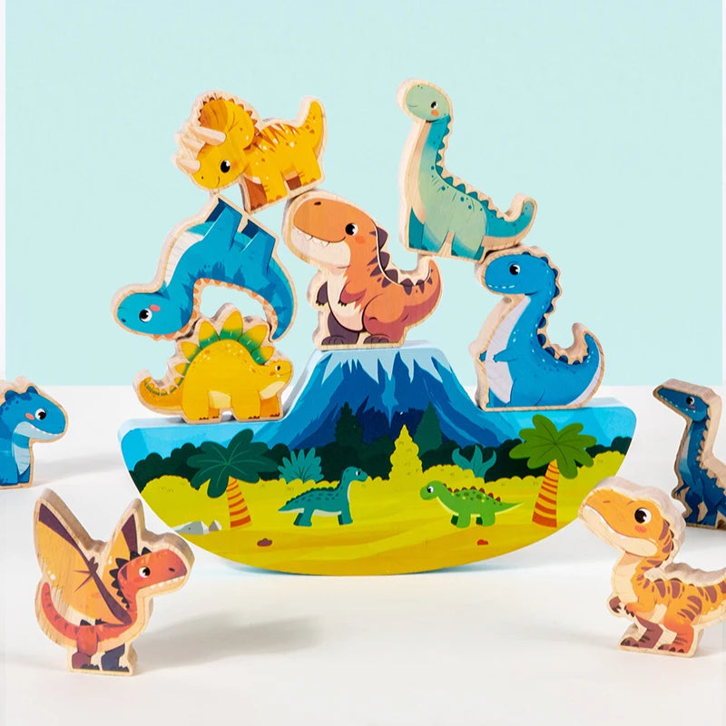 Wooden Animal Dinosaur Building Stacking High Balance Blocks Montessori Toy for Kids Cartoon Jigsaw