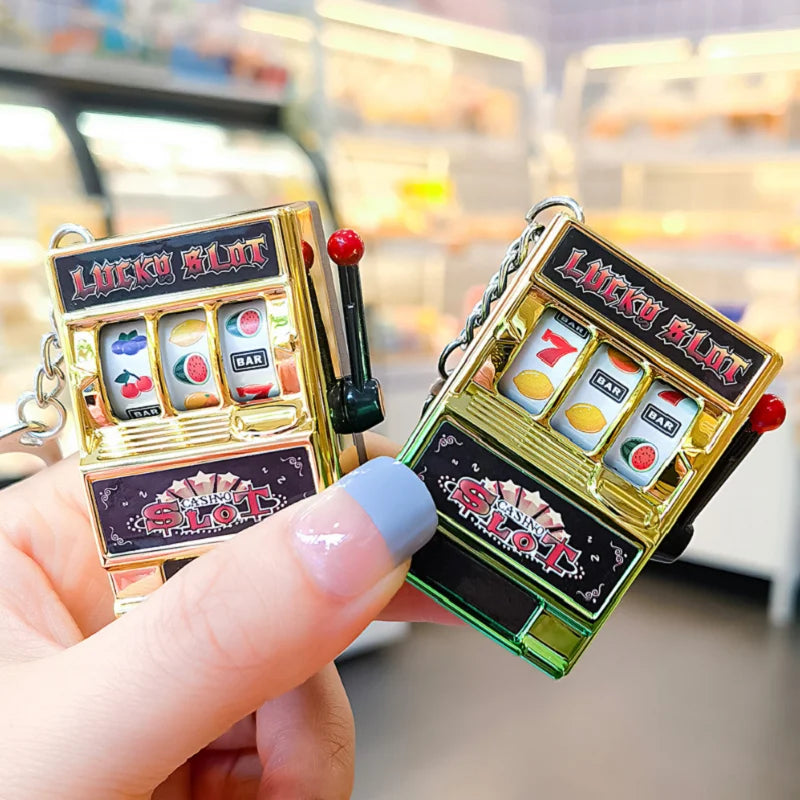Funny Mini Slot Machine Keychain Luck Fruit Slot Gaming Machine Toy Keyring Lotto Game Bingo