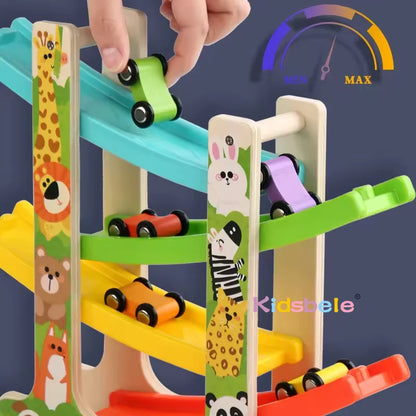 Kids Four-layer Wooden Gliders  Montessori Inertia Track Car Toys Animal And Traffic Theme Early
