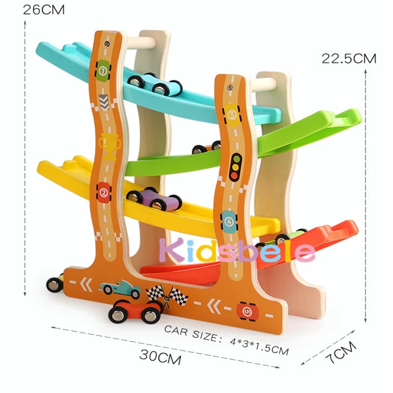Kids Four-layer Wooden Gliders  Montessori Inertia Track Car Toys Animal And Traffic Theme Early