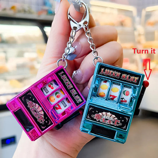 Funny Mini Slot Machine Keychain Luck Fruit Slot Gaming Machine Toy Keyring Lotto Game Bingo
