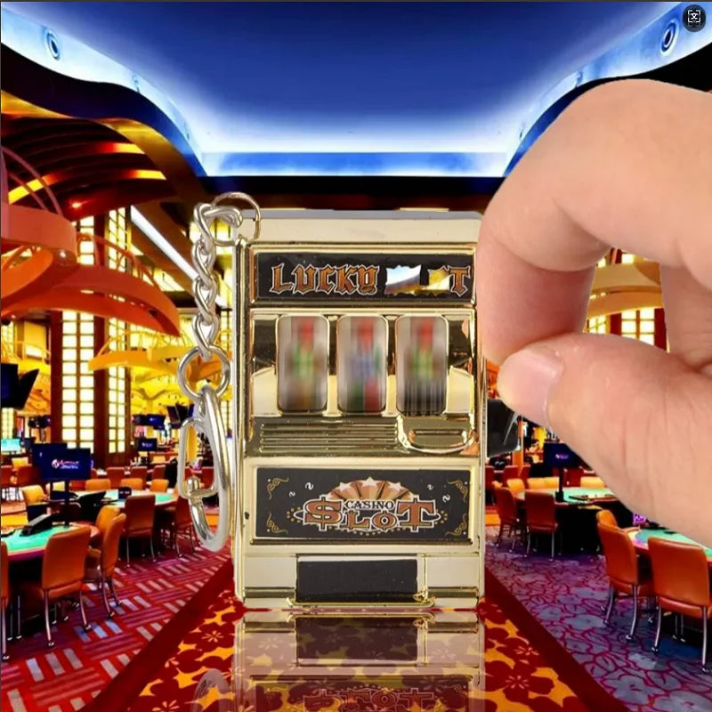 Funny Mini Slot Machine Keychain Luck Fruit Slot Gaming Machine Toy Keyring Lotto Game Bingo