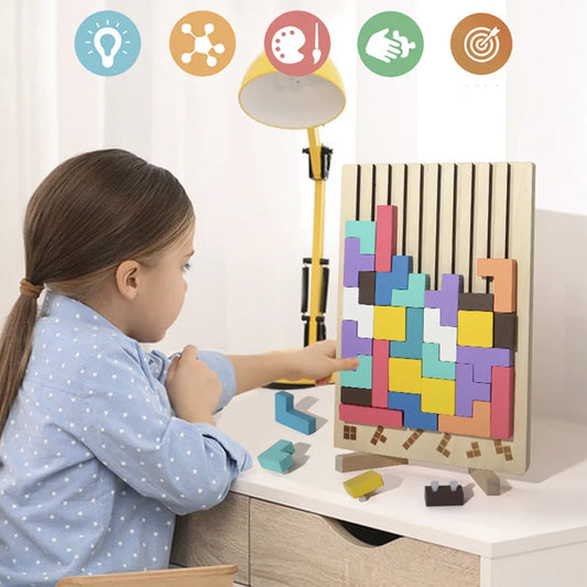 Wooden 3D Russian Blocks Puzzle Brain Teasers Toy Tangram Jigsaw Intelligence Colorful Blocks