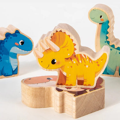 Wooden Animal Dinosaur Building Stacking High Balance Blocks Montessori Toy for Kids Cartoon Jigsaw