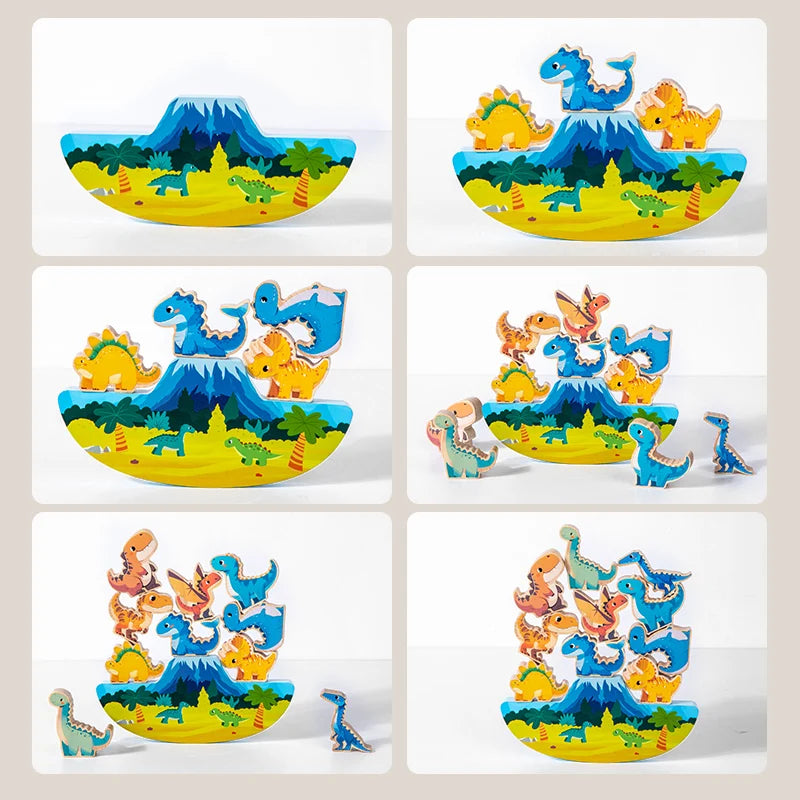 Wooden Animal Dinosaur Building Stacking High Balance Blocks Montessori Toy for Kids Cartoon Jigsaw
