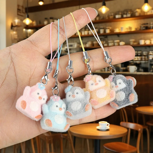Flocking Animal Penguin Pendant Cute Keychain Keyring Bag Earphone Car Keychain Decor