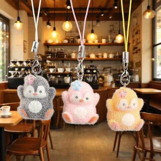 Flocking Animal Penguin Pendant Cute Keychain Keyring Bag Earphone Car Keychain Decor